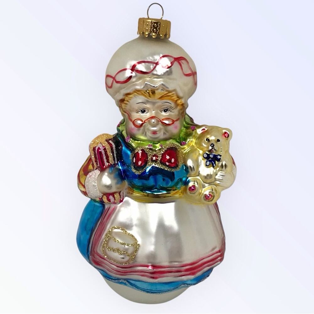 Mrs Santa Claus Christmas Glass Ornament Colorful Blue & White Festive